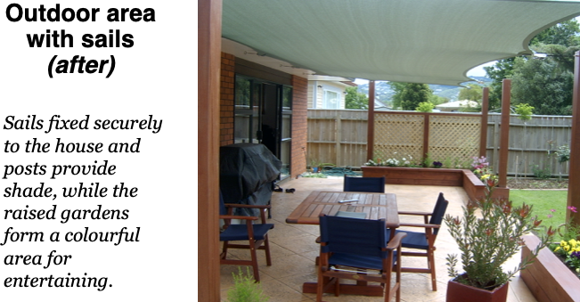 Covered outdoor entertaining area with shade sails