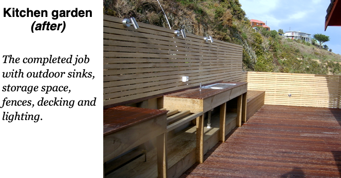 Completed outdoor kitchen with decking and lighting