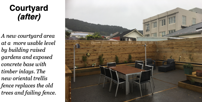 Rebuilt courtyard with trellis fence and paved dining