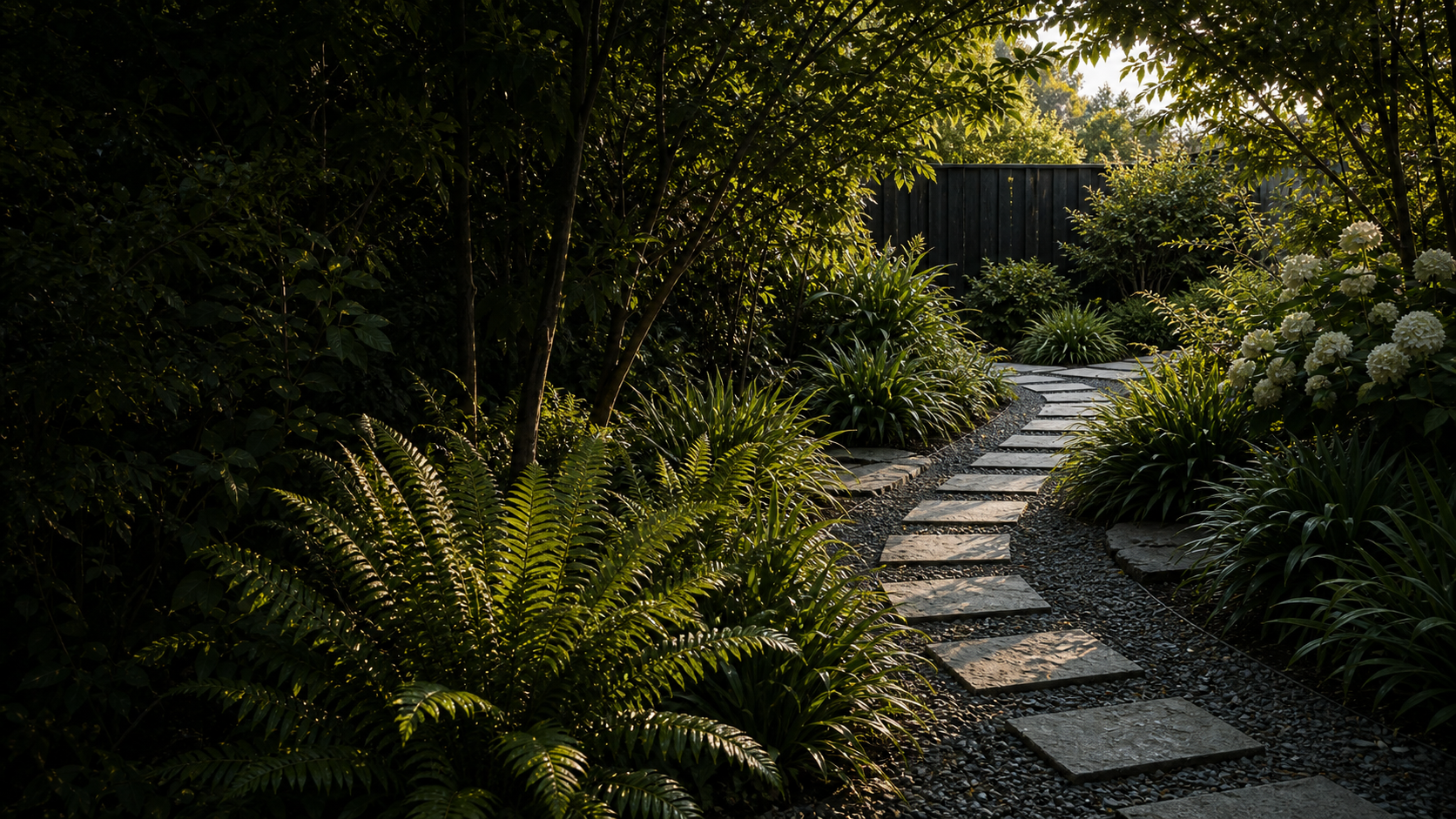 Stepping-stone garden path winding through lush Wellington planting